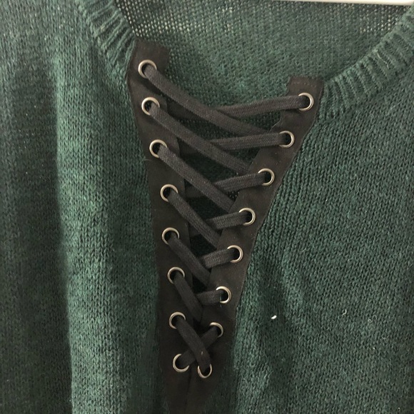Dark Green Lace Up Sweater - Picture 3 of 3